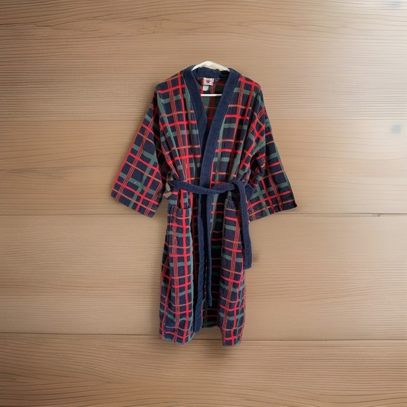The Unbranded Brand Other - Vintage Mens Plaid Cotton Terry Cloth Robe Made In Columbia One Size Red Blue Gr